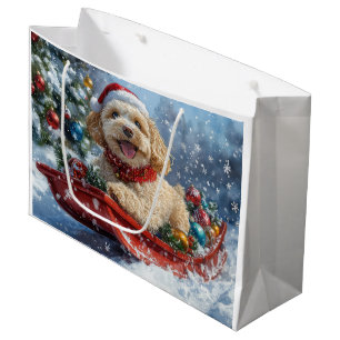 Grand Sac Cadeau Chien Cockapoo en Traîneau Laissez Tomber la Neige