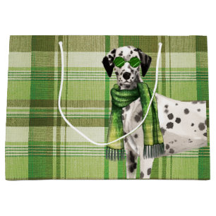 Grand Sac Cadeau Chien dalmate avec Green Plaid Funny Christmas