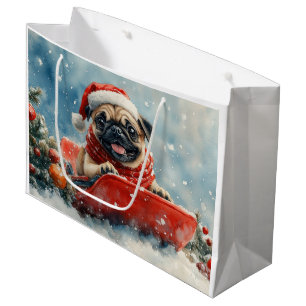 Grand Sac Cadeau Chien de carlin dans la boue Laisser il neige Noël