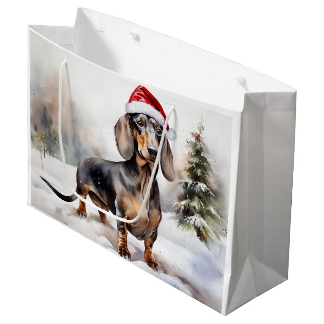 Grand Sac Cadeau Chien de Dachshund à Noël de neige (Devant Angle)