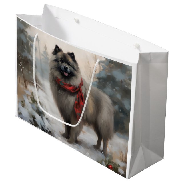 Grand Sac Cadeau Chien de Keeshond à Noël de neige (Devant Angle)