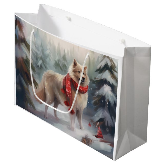Grand Sac Cadeau Chien de lappund finlandais à Noël de neige (Devant Angle)