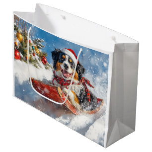 Grand Sac Cadeau Chien de Montagne bernois en luge Noël