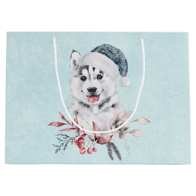 Grand Sac Cadeau Chien de Noël Husky dans un chapeau de Père Noël (Devant)