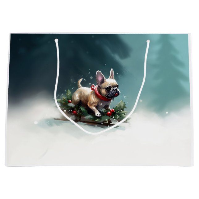 Grand Sac Cadeau Chien de Noël neige hiver (Devant)