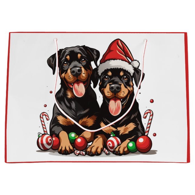 Grand Sac Cadeau Chien de Noël Rottweiler Père Noël (Devant)