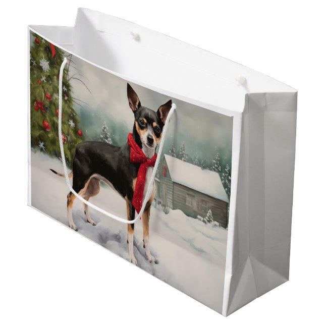Grand Sac Cadeau Chien de Rat Terrier à Noël de neige (Devant Angle)