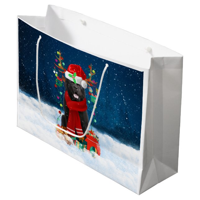Grand Sac Cadeau Chien de Terre-Neuve avec cadeaux de Noël (Devant Angle)