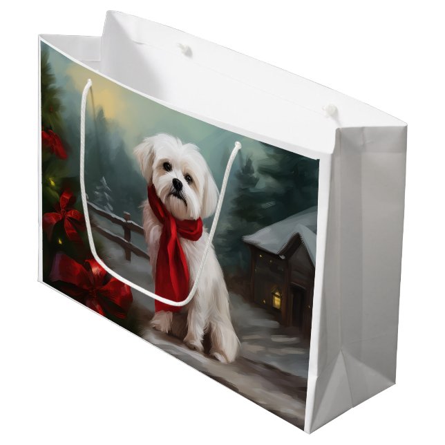Grand Sac Cadeau Chien maltais à Noël de neige (Devant Angle)