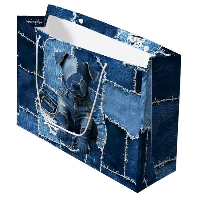 Grand Sac Cadeau Chien Patchwork Art Denim (Devant Angle)