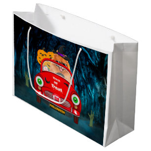 Grand Sac Cadeau Chien Pomeranian Conduisant une Voiture Halloween