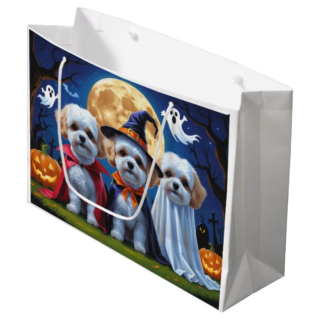 Grand Sac Cadeau Chiens Bichon Frise Citrouille Halloween Drôle  (Devant Angle)