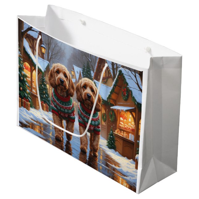 Grand Sac Cadeau Chiens Cockapoo Noël Neige Fêtes  (Devant Angle)