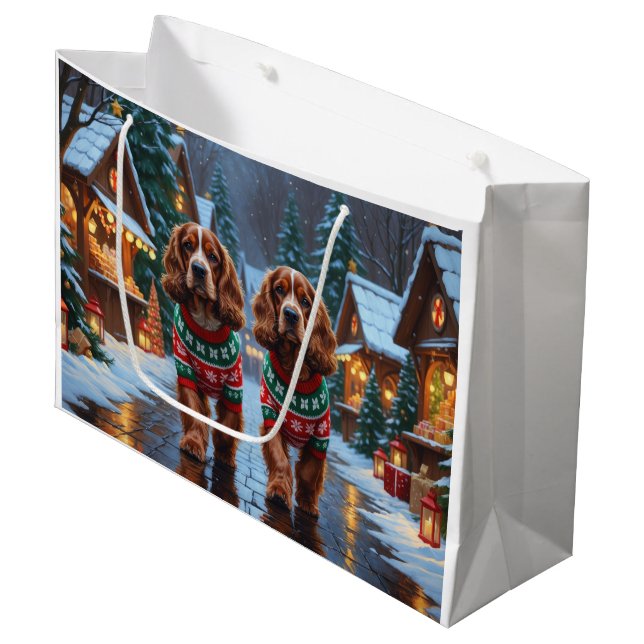 Grand Sac Cadeau Chiens Cocker Spaniel Noël Neige Fêtes (Devant Angle)