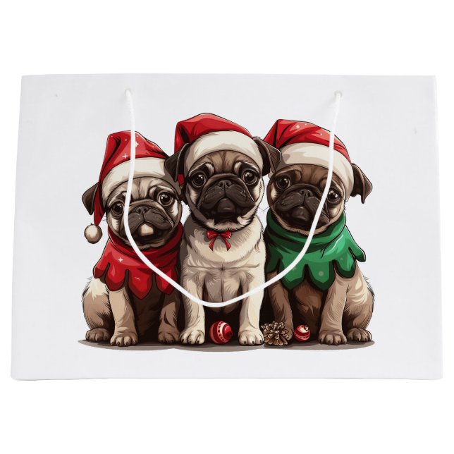Grand Sac Cadeau Chiens de Carlin de Noël (Devant)