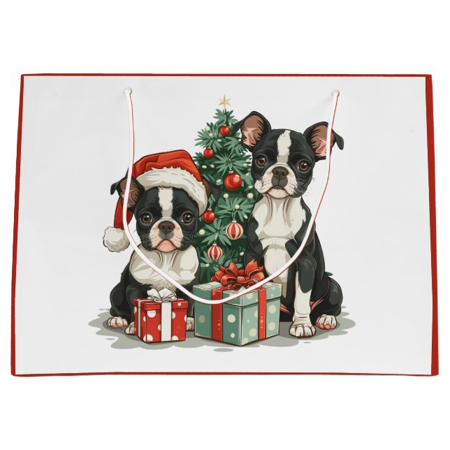 Grand Sac Cadeau Chiens de Noël Boston Terrier (Devant)