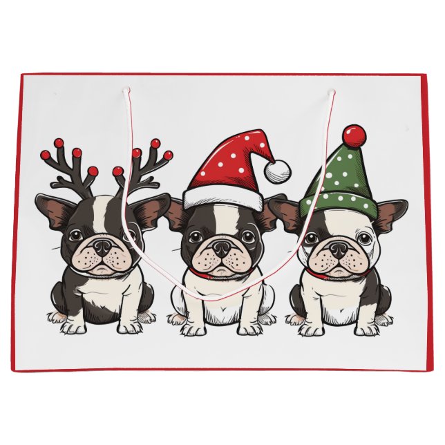 Grand Sac Cadeau Chiens de Noël Boston Terrier (Devant)