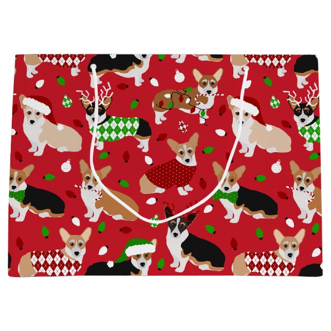 Grand Sac Cadeau Chiens de Noël Corgi (Devant)