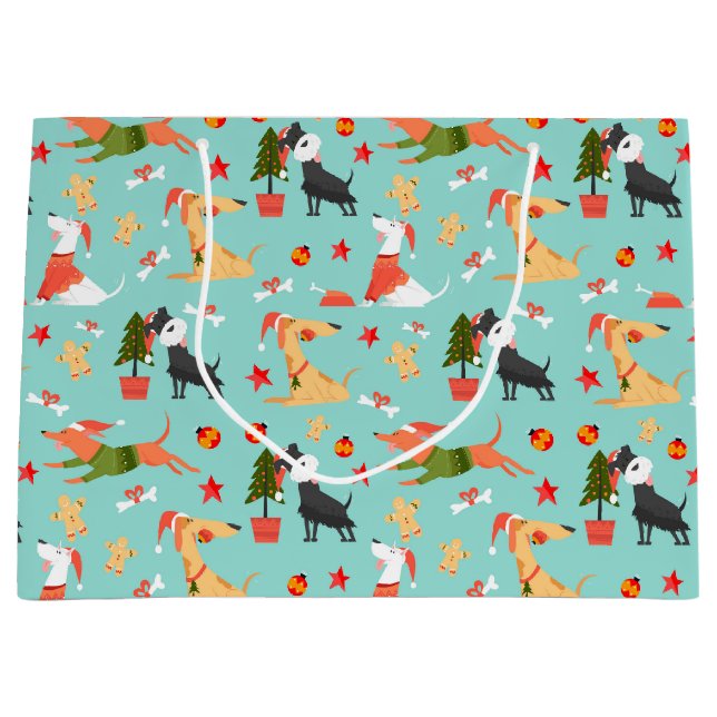 Grand Sac Cadeau Chiens de Noël Fêtards (Devant)
