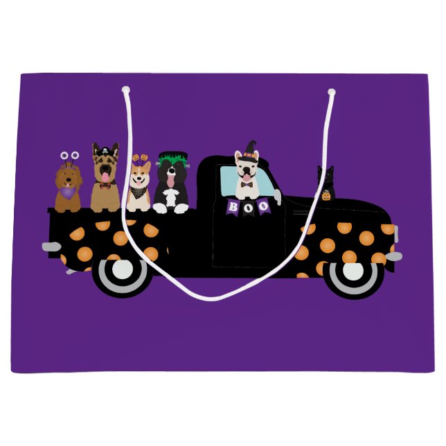 Grand Sac Cadeau Chiens D'Halloween Dans Un Camion De Ramassage (Devant)
