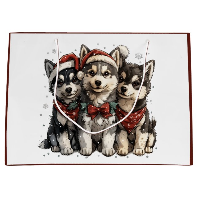 Grand Sac Cadeau Chiens Husky de Noël (Devant)