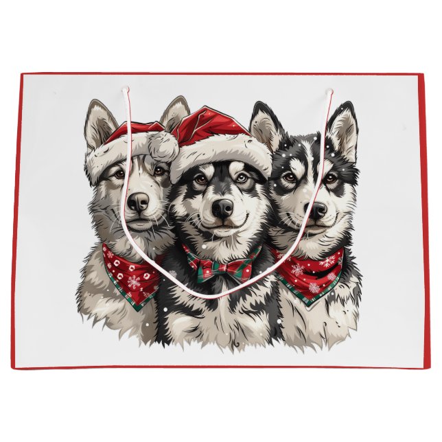 Grand Sac Cadeau Chiens Husky de Noël (Devant)
