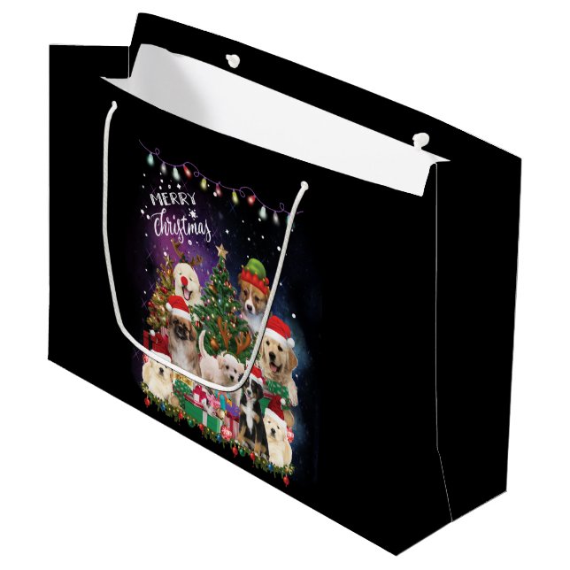 Grand Sac Cadeau Chiens Joyeux Noël Lumière (Devant Angle)