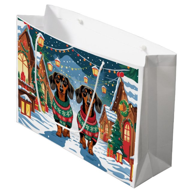 Grand Sac Cadeau Chiens Teckel Noël Neige Fêtes (Devant Angle)