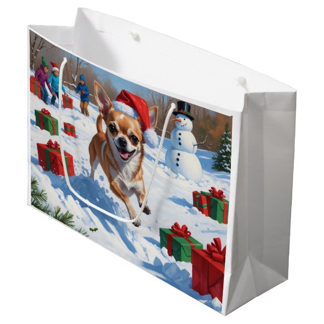 Grand Sac Cadeau Chihuahua coule en neige avec le Casquette de Noël (Devant Angle)