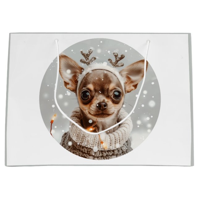 Grand Sac Cadeau Chihuahua de Noël Renne Chien (Devant)
