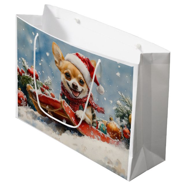 Grand Sac Cadeau Chihuahua Dog in Sledge Let it neiger Noël (Devant Angle)