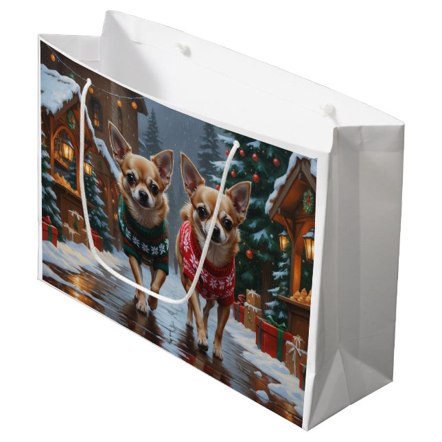 Grand Sac Cadeau Chihuahua Dogs Christmas Snow Holiday (Devant Angle)