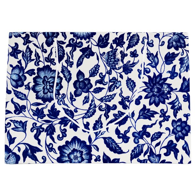 Grand Sac Cadeau Chinois bleu marine foncé motif floral sur blanc (Devant)