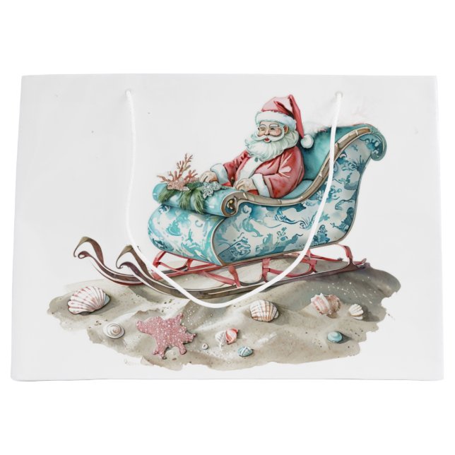 Grand Sac Cadeau Chinoiserie Père Noël Sleigh sur la plage (Devant)