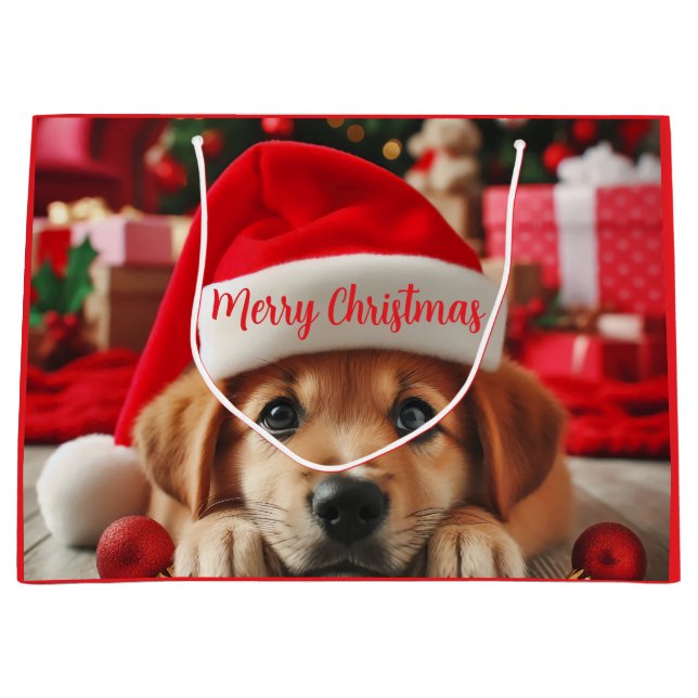 Grand Sac Cadeau Chiot d'assistance de père Noël (Devant)