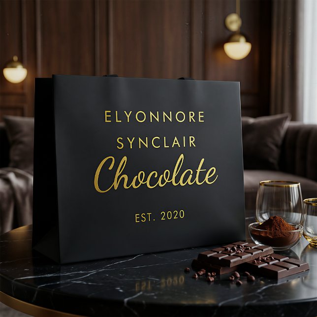 Grand Sac Cadeau Chocolat au script or noir élégant (Créateur téléchargé)