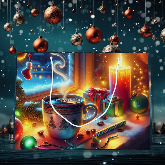 Grand Sac Cadeau Chocolat chaud dans une fenêtre de Noël (Créateur téléchargé)