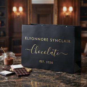 Grand Sac Cadeau Chocolat de script doré noir élégant