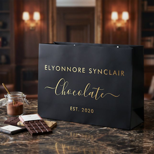 Grand Sac Cadeau Chocolat de script doré noir élégant (Créateur téléchargé)