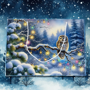 Grand Sac Cadeau Chouette de Noël dans une forêt d'hiver magique