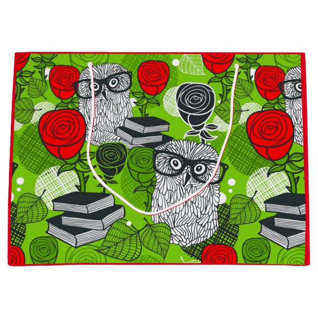 Grand Sac Cadeau Chouette en roses rouges (Devant)