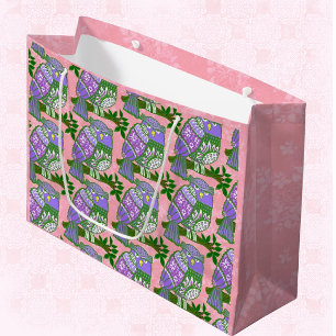 Grand Sac Cadeau Chouettes d'art populaire Enfants violets roses