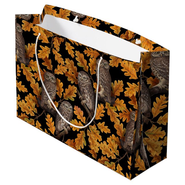 Grand Sac Cadeau Chouettes d'automne sur noir (Dos Angle)