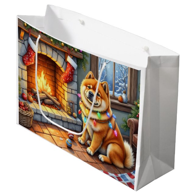 Grand Sac Cadeau Chow Chow Sitting Fireplace with Christmas Lights (Devant Angle)