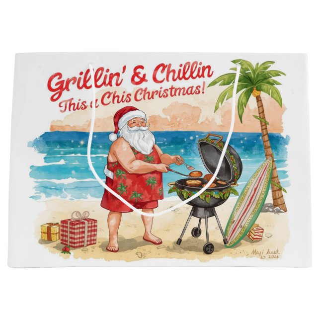 Grand Sac Cadeau Christmas BBQ Santa at the Beach Florida  (Devant)