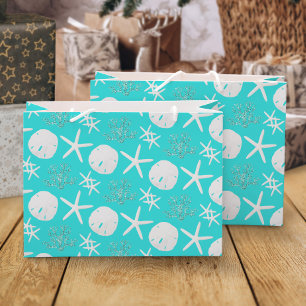 Grand Sac Cadeau Christmas Beach Sand Dollar Starfish Coastal Aqua