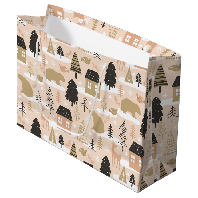 Grand Sac Cadeau Christmas Bear Village Rose Black Gold (Devant Angle)