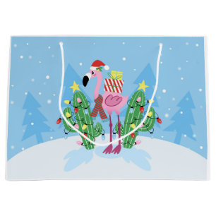 Grand Sac Cadeau Christmas Flamingo with Cactus
