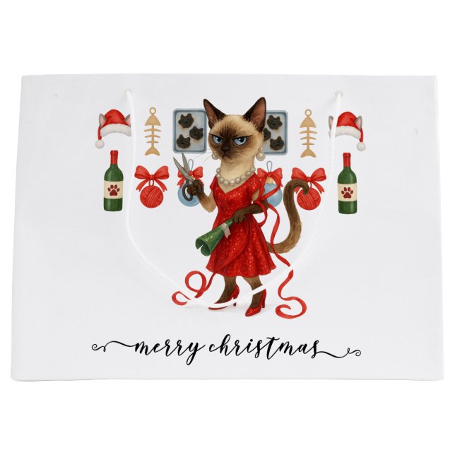 Grand Sac Cadeau Christmas Funny Glam Siamese Cat Holiday  (Devant)