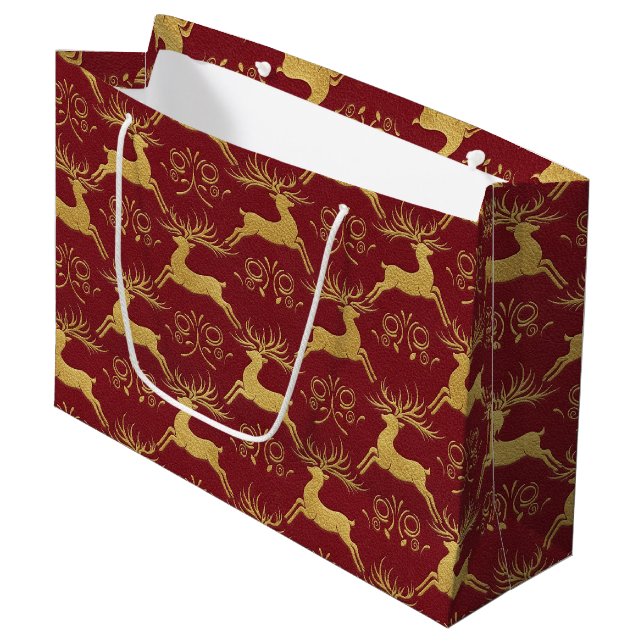 Grand Sac Cadeau Christmas Gilded Leather Reindeer Red (Devant Angle)